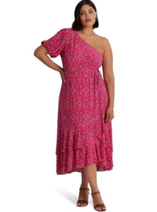 NEW POLO RALPH LAUREN Plus Sz 16 Geo Print One Shoulder Belted Dress FUCHSIA - Picture 1 of 16