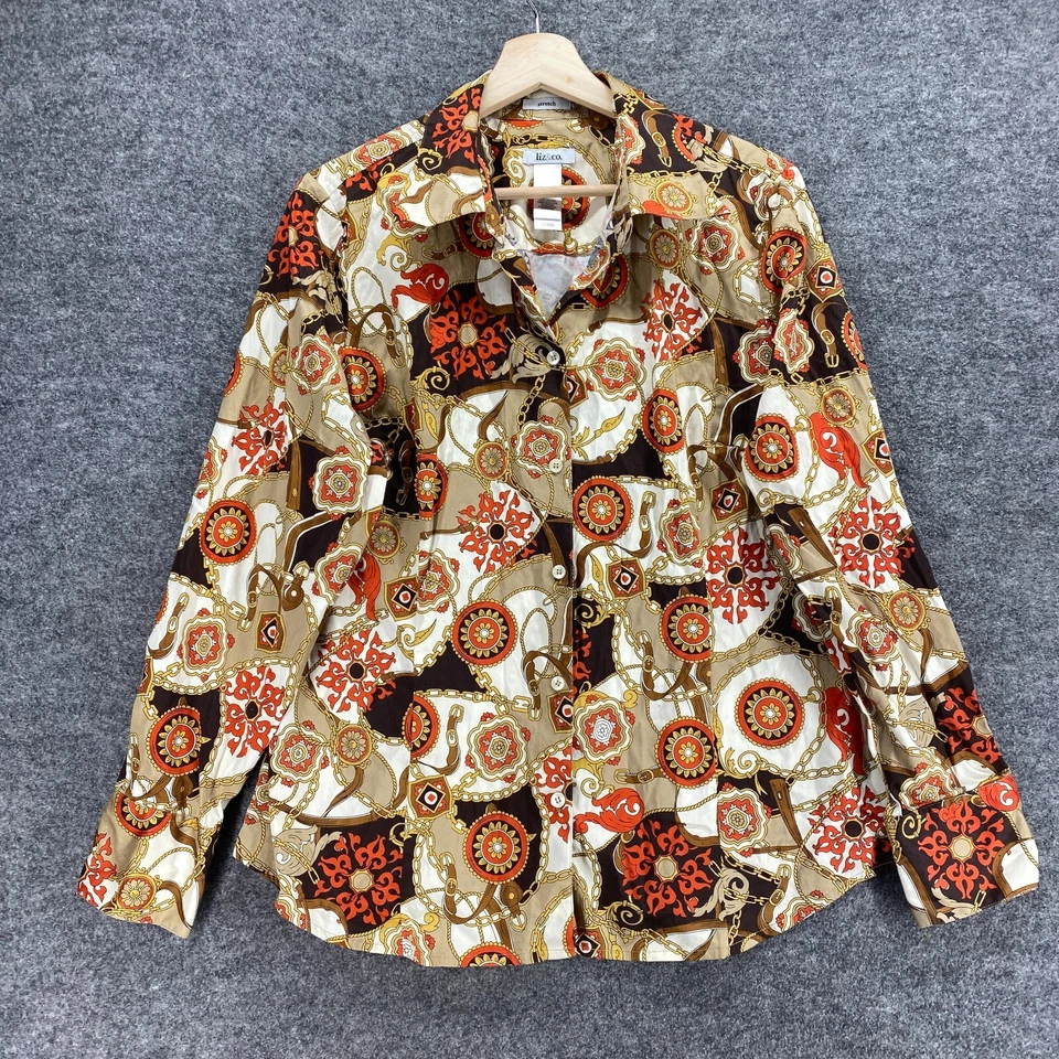 Liz & Co. Рубашка женская XL бежевая с геометрическим узором на пуговицах с воротником с длинным рукавом эластичная - Изображение 1 из 4