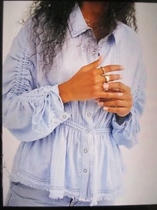 Free People Pacific Dawn Chambray Blue Top Size XS Ruched Sleeves We The Free - Picture 1 of 6