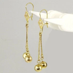 Long yellow gold dangle earrings, double strands, balls M-F - Picture 1 of 5
