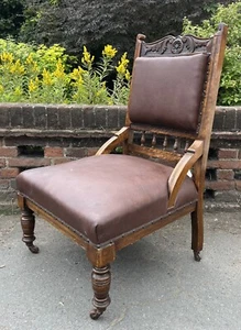 Edwardian Fireside Parlour Chair Upholstered In Chocolate Brown Leather - Picture 1 of 20