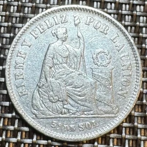 1867 PERU SILVER 1/5 SOL COIN. (1302) SILVER PEROU - Picture 1 of 2