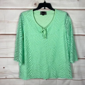 Slinky Brand Top Womens XL Green Mesh Blouse 3/4 Sleeve Keyhole Neck Pullover - Picture 1 of 7