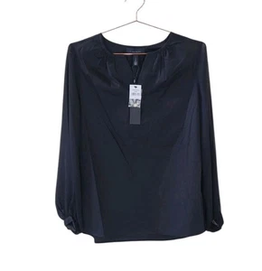 New H HALSTON S Black V-Neck Sheer Long Sleeve Blouse Top Women - Picture 1 of 13