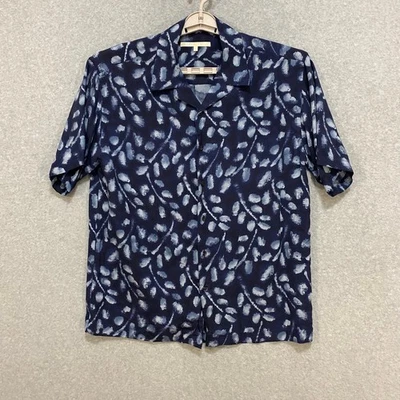 PERRY ELLIS Mens Large Navy Blue 100% Silk Short Sleeve Button Front Shirt - Image 1 of 4