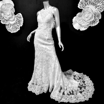 NWT~$1350~MORILEE~SZ 2~IVORY EMBROIDERED FIT & FLARE WEDDING DRESS BRIDAL GOWN - Image 1 of 4