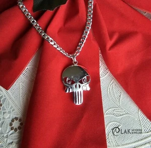 925 Silver Punisher Skull Pendant Necklace Gothic Punk Rock Jewelry Chain 24" - Picture 1 of 4
