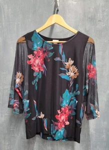 Chicos Black Floral Mesh Top 3/4 Dolman Sleeve Size 1 Medium  - Picture 1 of 11