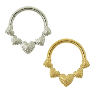 1.2mm Septum Ear Clicker Hearts Pattern Segment Ring Hinged Gold Silver Helix - Picture 1 of 6
