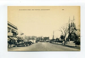 West Newton MA Postkarte Washington Street von Unitarian Church, Autos, Golfgas - Bild 1 von 2