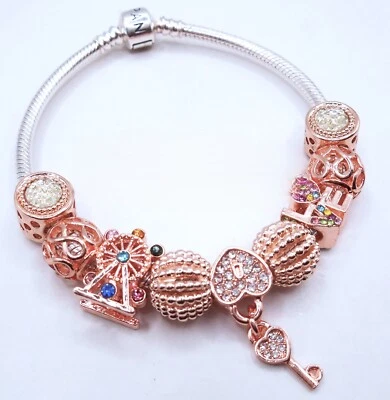 PANDORA SILVER CHARM BRACELET WITH ROSE KEY HEART CHARMS & GIFT BOX! - Image 1 of 4