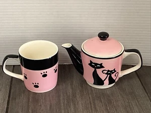 Hues~N~Brews Pink & Black Ceramic Teapot & Cup Black Cats Siamese MCM Style - Picture 1 of 12