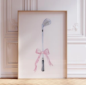 Pink Girly Watercolor Golf Club with Bow for Girls Wall Art Print Poster - Picture 1 of 6