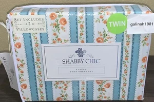 Shabby Chic by Rachel Ashwell Blue Stripe Rust Orange Floral 4pc Twin Sheet Set - Picture 1 of 3