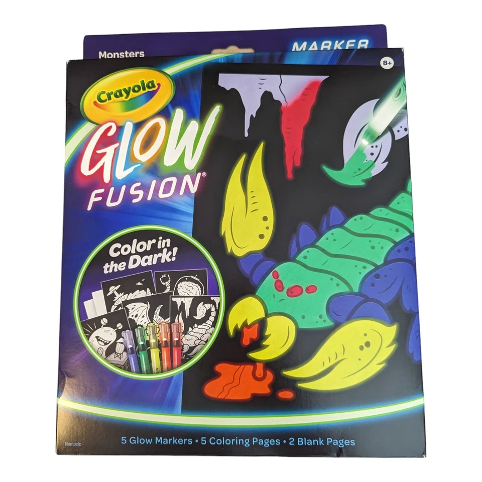 CRAYOLA GLOW FUSION GLOW IN THE DARK COLORING SET MARKERS MONSTERS