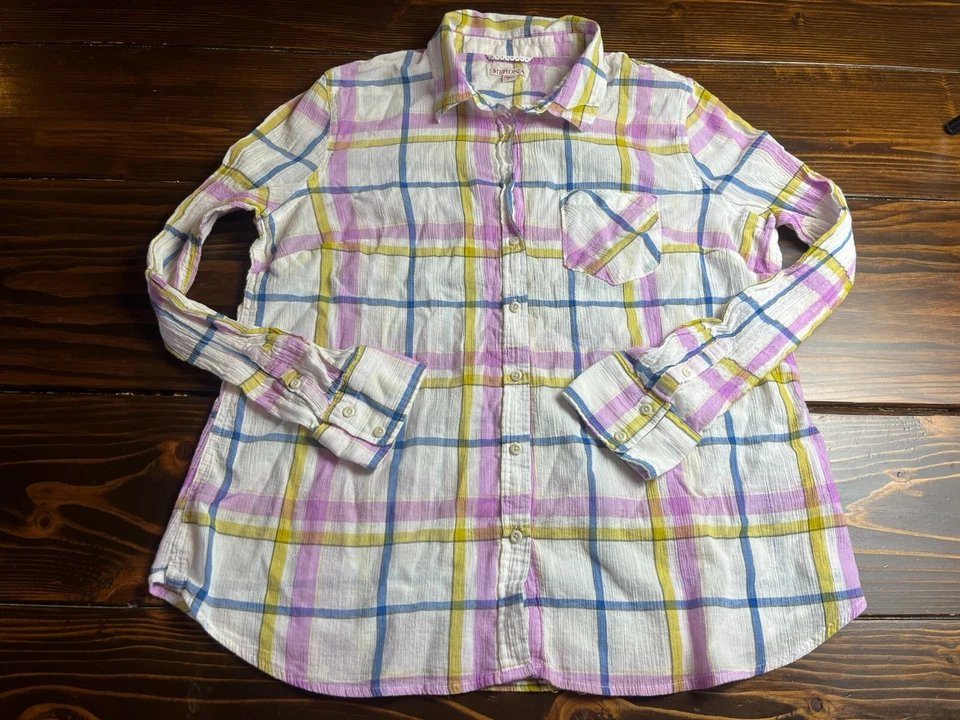 Camisa Merona, Mujer Talla XL, Blanco Rosa Azul Amarillo, Cuadros, Abotonada Foto 1 de 4