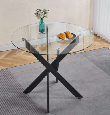 Modern 35.43" Round Tempered Glass Dining Table Home Kitchen Table W/ Metal Legs - Image 1 of 4