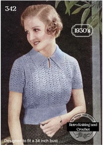 1930s Vintage Knitting Pattern – Crochet Jumper with Ribbed Collar and Welts - Picture 1 of 2