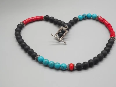 Onyx, Türkis & Koralle Halskette , türkis, schwarz rote Edelsteinkette, Unikat - Bild 1 von 4