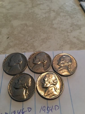 jefferson nickel lot 1941 d 1946 d 1954 d 1960 d 1966 - Image 1 of 2