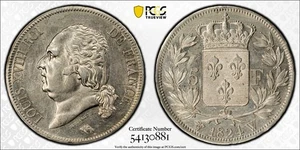 Francia 1824-W 5 francos graduación profesional AU difícilmente limpiado - Imagen 1 de 1