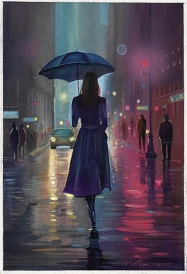 pintura original 20 x 30 cm 256DM obra de arte acuarela paisaje urbano lluvioso Foto 1 de 4