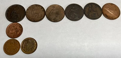 Farthing británico, medio, tercio, lote de nueve, 1869 - 1939 Foto 1 de 4