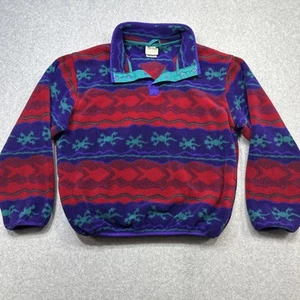 Vintage LL Bean Fleece Pullover Youth XL Red Purple Gecko Fish Aztec Snap 90s - Picture 1 of 13