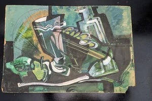 Mid Century Cubist Painting Abstract Music Jazz Band Signed Greens 20 X 13" - Picture 1 of 4