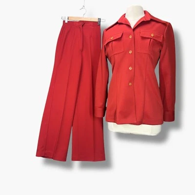 De Colección Años 70 Para Mujer 8 2 Piezas Ocio Pantalón Traje Pierna Ancha Pantalón Cuello Daga Rojo Foto 1 de 4