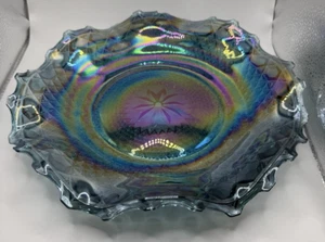 VINTAGE IRIDESCENT BLUE CARNIVAL GLASS INDIANA 10.5 PLATTER DIAMOND PATTERN - Picture 1 of 7