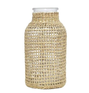 Glass Flower vase with Rattan Boho Glass Vase with Rattan Straw Decor Glass V... - Picture 1 of 7