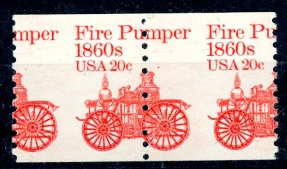 EFO 1908 MISPERFED 20¢ FIRE PUMPER COIL PAIR - Image 1 of 1