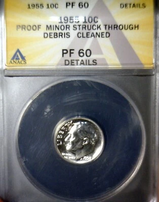 1955 ERROR ANACS PR60 Det. Struck Thru Thread SILVER Roosevelt Dime PROOF Coin - Image 1 of 4