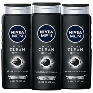NIVEA MEN DEEP Active Clean Charcoal Body Wash Cleansing 3 Pack of 16.9 Fl Oz - Picture 1 of 7