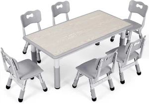 Kids Study Table and 6 Chairs Set, Height Adjustable Graffiti Table, Preschool A - Picture 1 of 7
