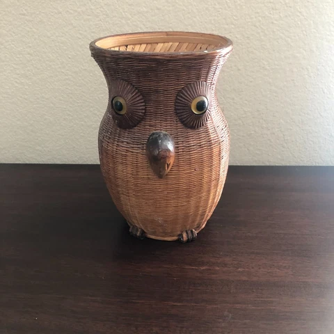 Vintage Owl Wicker Basket Utensil Holder Retro 1970s Cover