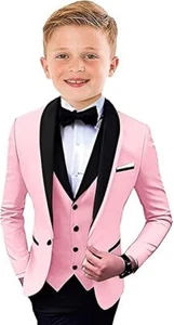 Boys Tuxedo Suit Formal 3 Pieces Shawl Lapel Wedding Outfit Kids Tuxedo Suit - Picture 1 of 31
