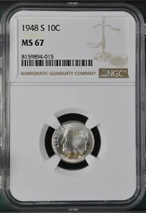 1948-S 10C Roosevelt Dime NGC MS67   8159894-015 - Picture 1 of 2