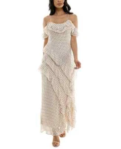 Speechless Scoop-Neck Ruffled-Chiffon Maxi Dress Juniors' M Cream/Black Side Zip - Picture 1 of 15