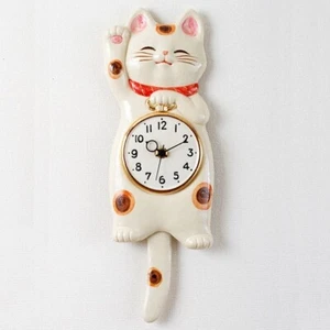 Japanese White Lucky Cat Manekineko Pendulum Wall Clock Pottery SETO Ware Gift - Picture 1 of 6