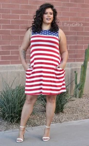 New PLUS SIZE USA Womens AMERICAN FLAG STARS SLEEVELESS DRESS POCKETS 1X 2X - Picture 1 of 6