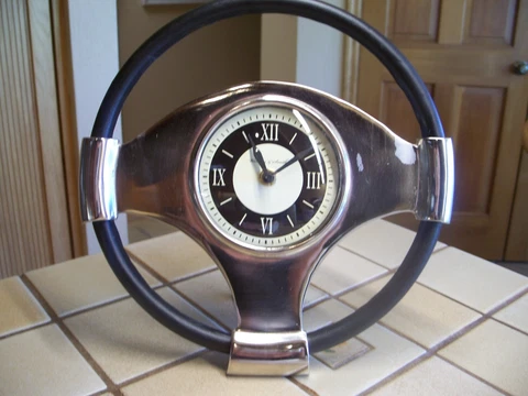 Vintage William And Smith 10" Chrome and Black Steering Wheel Desk Clock Cover