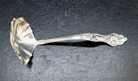 Antique Sterling Silver Ornate Floral Sauce Ladle  Baker Manchester Art Nouveau Cover