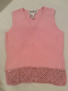 Joseph A Womens Pink Sleeveless Vest Sweater Pretty Silk Thread Crochet Bottom L - Picture 1 of 12