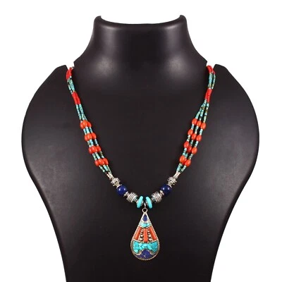 Turquoise, Coral, Lapis Gemstone Tibetan 925 Sterling Silver Necklace Jewelry 18 - Image 1 of 4