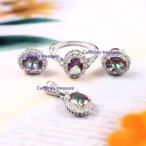 Mystic Topaz & CZ Gemstones 925 sterling Silver Earrings Pendant Ring for Women - Picture 1 of 5