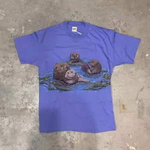 T-shirt grafica tartaruga marina lontra punto singolo blu anni 90 - Foto 1 di 6
