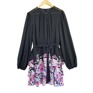 Portmans size 14 dress womens black floral long sleeve chiffon | short party NEW - Picture 1 of 18