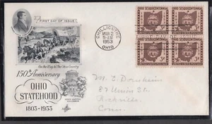 USA 1953 FIRST DAY COVER 150th ANNIV OF OHIO STATEHOOD IN BLOCK OF 4 + CACHET - Picture 1 of 1